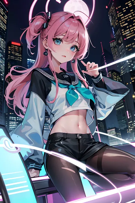 Masterpiece, Best quality, Night, full_Moon, Cityscape, In the cyberpunk city, Real, Huge_filesize, the wallpaper, Girl, Medium hair, Pink hair, Wavy hair, view the viewer, aqua eyes, Small breasts, serafuku, sailor suite, White pantyhose, Earrings, jewelr...