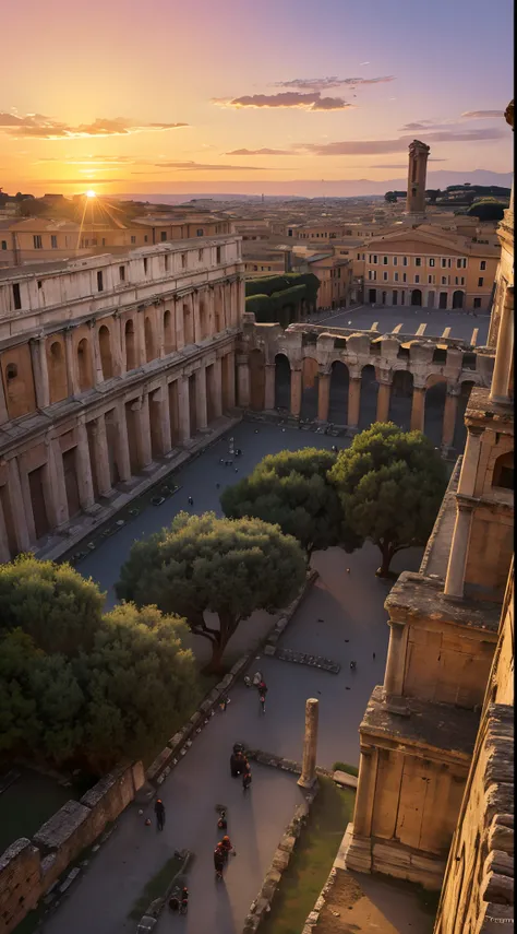 ancient roman city. sunset. historic rome. 1st century. praetorians in distance.