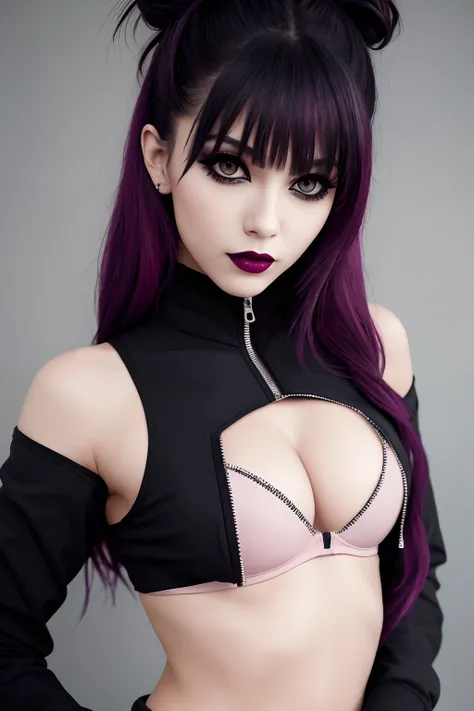 Picture of a goth girl. Fit face. 22 years old, Sharp chin, photography, raw photo, masterpiece, extremely detailed photo, DSLR, photorealistic 1.4, ultra hi res, best quality, pink lips, perfect makeup, full body picture, tall, toned, busty, sports bra wi...