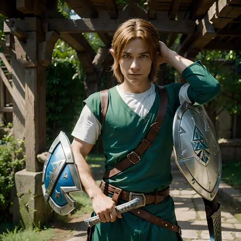 Link from legend of Zelda videogame series holding a sword and shield