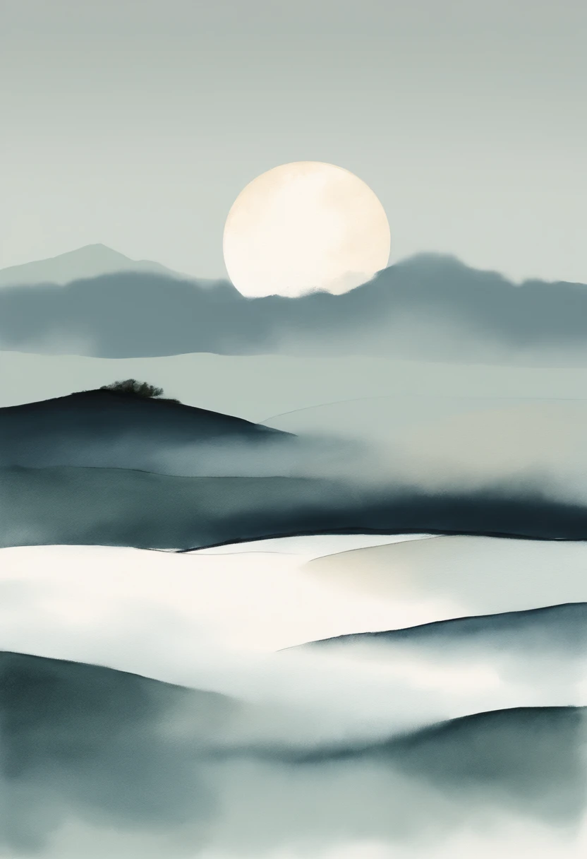 Simple landscape painting，ancient wind，Around eleven oclock at night，Clouds，themoon，naive，Line watercolor