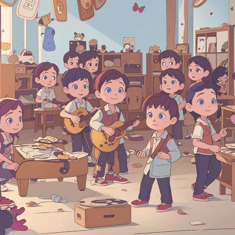 Cartoon children playing musical instruments with teacher in classroom, author：Lee Jeon-suk, animated movie still, animated movie still, animated movie still, animated still, childrens art in artstation, author：Zhang Shengqi, animated still, rendered in co...