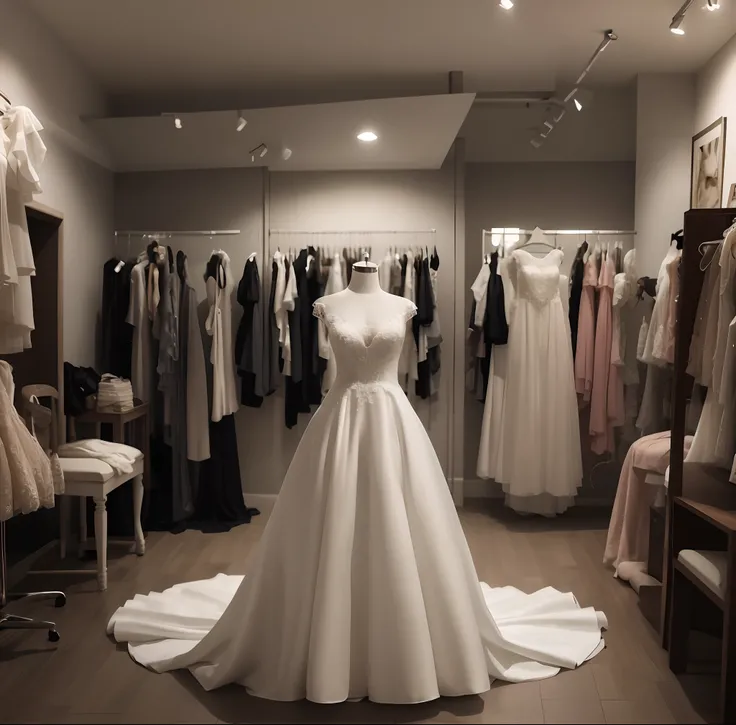 View of the bridal shop, Wedding dress, Wearing a wedding dress, 🤬 🤮 💕 🎀, .gif, Real picture, Beautiful wedding dress, kaftan, 155 cm tall, dressed beautiful gown, show room scene, height of 165cm, on a mannequin. High quality, White gown, Fashionab, Fri, ...