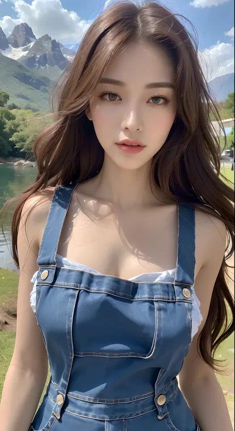 (Best quality, High resolution, Masterpiece :1.3), A tall and pretty woman with slim figure, Slender abs, (Dark brown hair styled in loose waves), Wearing jean pinafore, Outdoor, Lake and mountains in distant background, Details exquisitely rendered in the...