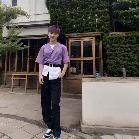 1 man with a pale face, purple pixie hair, beautiful black eyes, cute body with Japanese school uniform, standing black trousers, garden view with blue sky and beautiful clouds, black tie, full body, smiling, realistic, detailed hands, detailed face, detai...