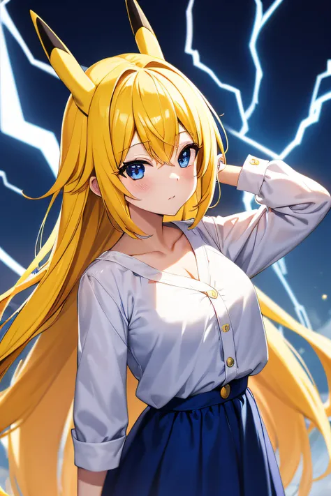 masutepiece、hightquality、high-level image quality、8K、Pikachu Cosplay、personification、girl with、Pikachus ears、yellow  hair、Longhaire、lightning bolt、Fantastic background、Blue eyes、Dont write