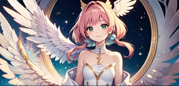 Angel wings shining in seven colors、Kawaii Girl、adorable smiling、Light blue long hair、Twin-tailed、Light pink, Green and white angel leotard、((top-quality))、((​masterpiece))、(ighly detailed、highestdetailed、Official art、Beautifully Aesthetic:1.2)