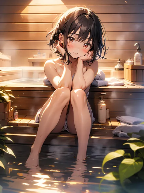 in 8K、top-quality、​masterpiece、ultra-detailliert、Ultra-high resolution、((1 persons))、girl with、A dark-haired、a short bob、(((Sauna room)))、perspiring、Red face、Hide your breasts with a bath towel、steams、Hot