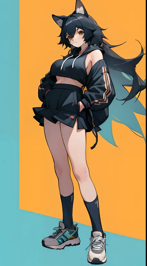 Dog ears，Bigboobs，cropped shoulders，knee length socks，pleatedskirt，athletic sneakers，hoody，Stand up