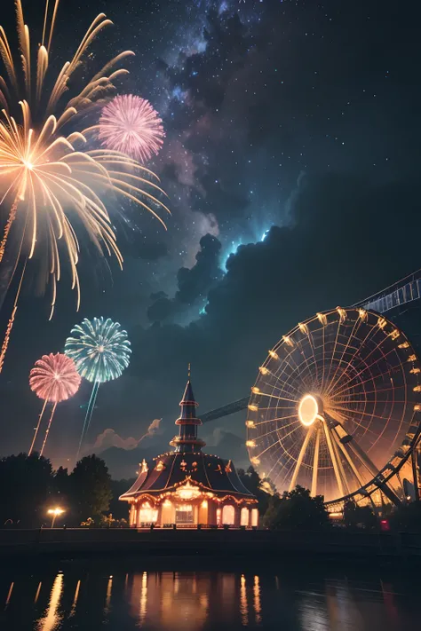 8K resolution，Photorealsitic，K HD，hight resolution，starrysky，realistic light and shadow，Amusement park in the night sky，Night sky with thunder and rain，look up sky，Real rainwater，Real lightning strikes，Real starry sky，Orgy，sparklers，Real fireworks：Like lig...