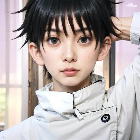 A boy with black hair and white shirt posing for a picture, with shocked expression, yuuta okotsu from Jujutsu Kaisen, High quality image, masterpiece, detailed hair texture, detailed skin texture, detailed cloth texture, 8k, add fabric details, ultra deta...