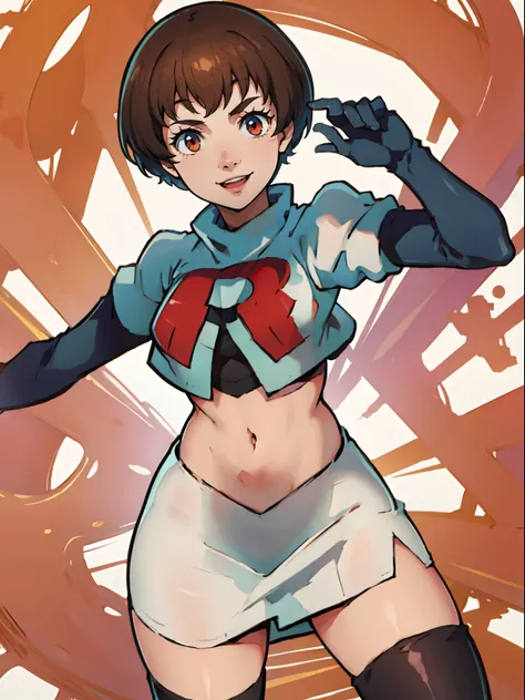 satonaka chie, team rocket,team rocket uniform, red letter R, white skirt,white crop top,black thigh-highs,black elbow gloves, confident smile