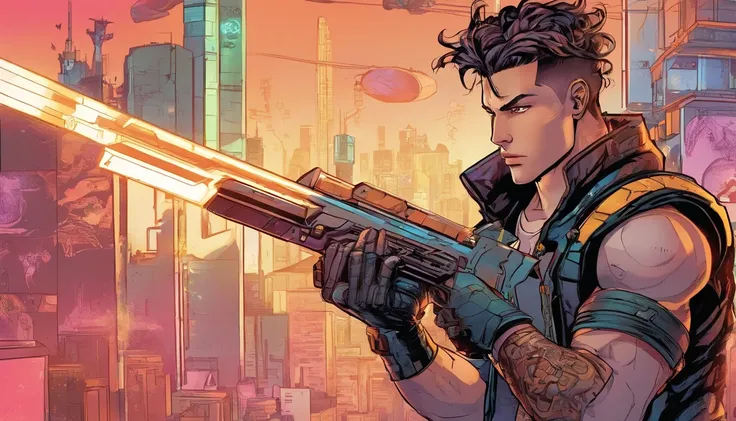 cyberpunk-style male character holding futuristic weapon, proportional body, detailed and proportional hands and arms, full hd, detailed, 4k, HD resolution, writing in the background (binho0mg), Comics, gamer setting, detailed