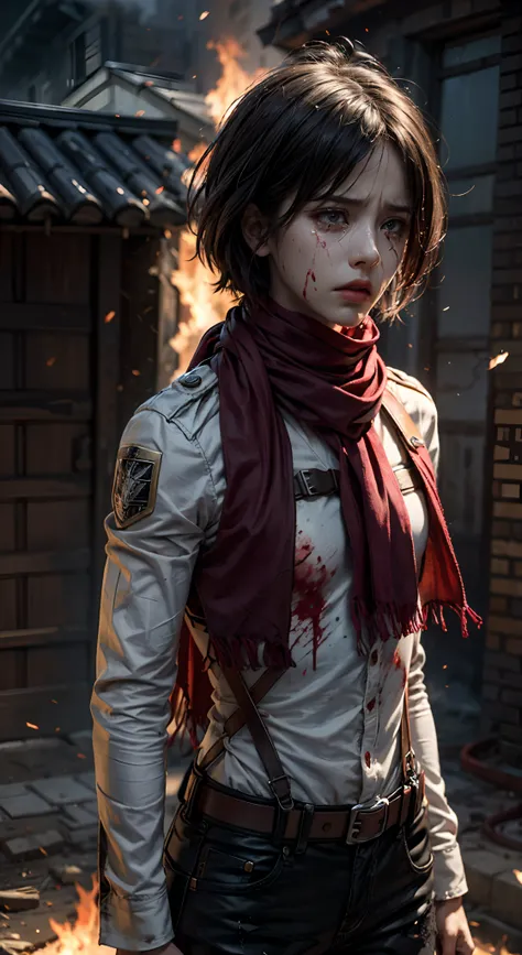 (masterpiece), (hyper realistic), Attack on Titan, half body shot, Mikasa Ackerman, Crying, sadness, Tears, A maroon scarf around his neck, blood stains on his face and clothes, dinamic lighting, dramatic fire background