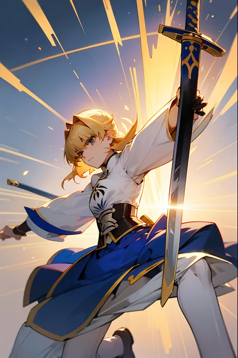 Saber(Fate Grand Order) 1 girl , blond hair , holding a enchanted Katana, i the middle of the war , slashing enemies in to pieces, while jumping in the air , backflip