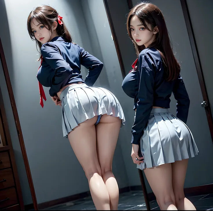 top-quality, ​masterpiece, (Professional lighting without shadows), A hyper-realistic, Bewitching, perfect anatomia, Two girls, (Proudly stand in front of the camera、Girl showing off ribbon tie, Another girl on the other side、Bend over and stick your butt ...