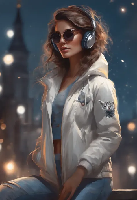 Perfect centering, A cute kitten all over, Wear a student jacket, Wearing sunglasses, Wearing headphones, Standing position, Abstract beauty, Centered, Looking at the camera, Facing the camera, nearing perfection, Dynamic, Moonlight, Highly detailed, Digit...