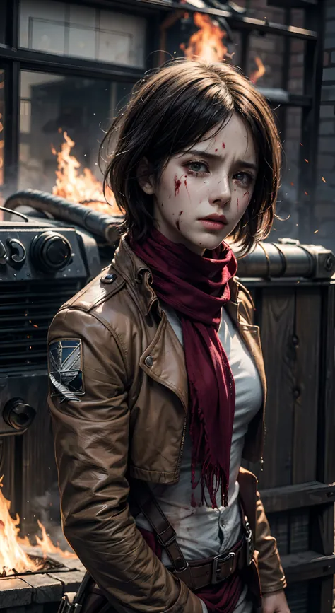 (masterpiece), (hyper realistic), Attack on Titan, half body shot, Mikasa Ackerman, Crying, sadness, Tears, A maroon scarf around his neck, blood stains on his face and clothes, dinamic lighting, dramatic fire background