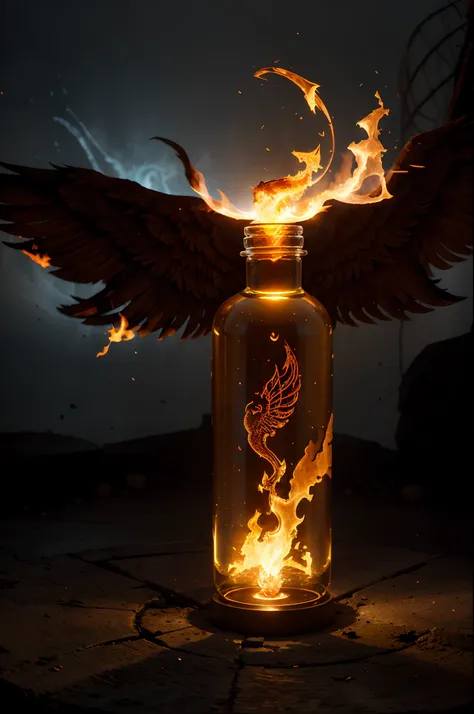 The Elemental Infusion potion is captured in a vial that resembles a fiery phoenix in flight, exuding a fiery presence. It stands within a torch-lit chamber adorned with ancient, fiery motifs that cast fiery, dancing shadows on the surroundings, evoking th...