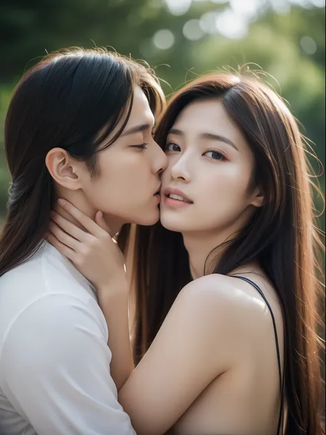 top-quality、超A high resolution、ultra-realistic realism、reallistic、RAW photography、8K images、Young sexy Japanese woman。Two naked，Woman brown with long hair、Young handsome man caressing woman kissing the nape of her neck from behind、The mans hand is attached...