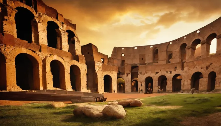 Guerrero espartano luchando en el Coliseo romano contra los leones