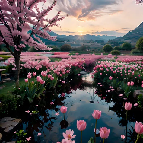 VIEWS OF THE SUN RISING AMONG THE MOUNTAINS IN A GARDEN FILLED WITH PINK TULIP FLOWERS AND A SMALL RIVER AS WELL AS A OULA WITH SAKURA TREES