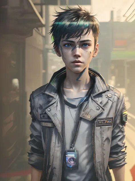 boy looking at front in cyberpunk area with highly detailed face and ultra realistic face 8k resouloution