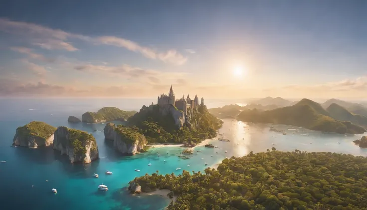 Aerial view of a hyper detailed fantasy world, com uma torre esmeralda no centro da cena, crystal clear waters, With the twilight sky, luz crepuscular, Sunset light, direction of light coming from the right side of the photo, photographic light, ultra foto...