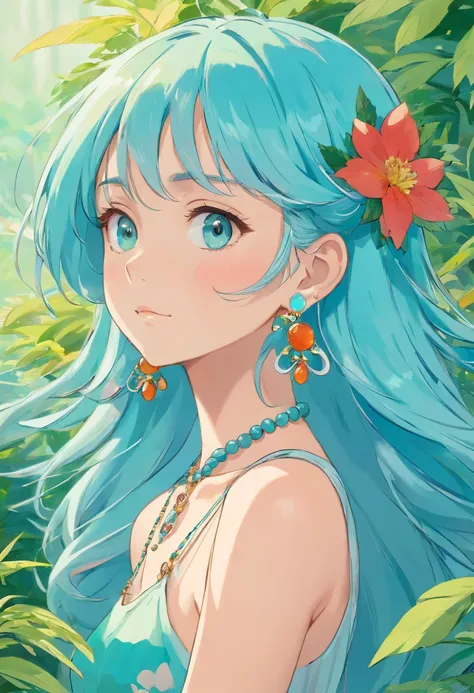 an anime girl, Long necklaces and earrings, ganja, colorful animation stills, Masami Teraoka, aquamarine, paul gauguin, Embry style, smokeing