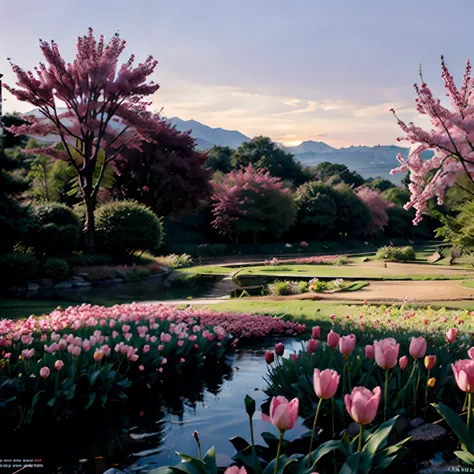 VIEWS OF THE SUN RISING AMONG THE MOUNTAINS IN A GARDEN FILLED WITH PINK TULIP FLOWERS AND A SMALL RIVER AS WELL AS A OULA WITH SAKURA TREES