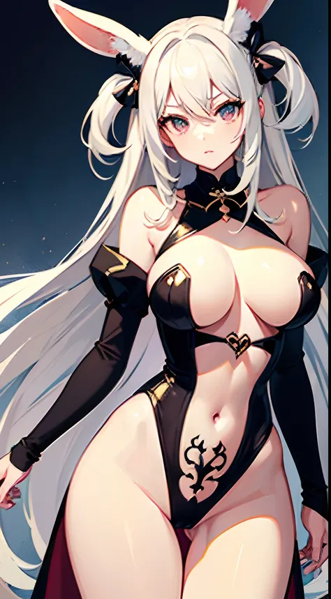 ((Best Quality)), (ultra-detailliert), ((Extremely detailed)), (Beautiful), ((Kawaii Girl)),(two side up hair)、((masutepiece)),Platinum Blonde Hair,Long hair, hair between eye, Wavy Hair, Long sideburns,Jade-colored eyes, White skin,Colossal tits、Rabbit ea...