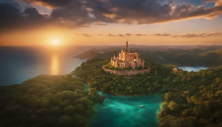 Aerial view of a hyper detailed fantasy world, com uma torre esmeralda no centro da cena, crystal clear waters, With the twilight sky, luz crepuscular, Sunset light, direction of light coming from the right side of the photo, photographic light, ultra foto...