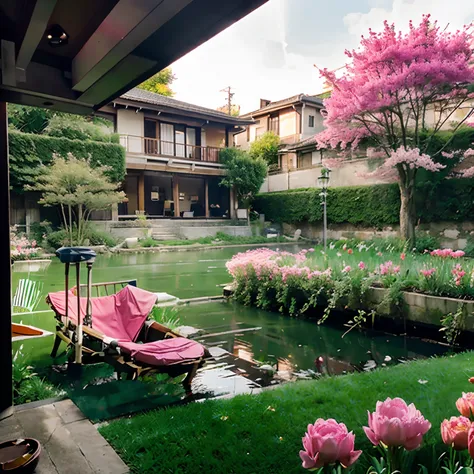 VIEW OF THE SUN RISING AMONG THE MOUNTAINS IN A GARDEN FILLED WITH PINK TULIP FLOWERS AND A SMALL RIVER AS WELL AS SAKURA TREES, VERY DETAILED