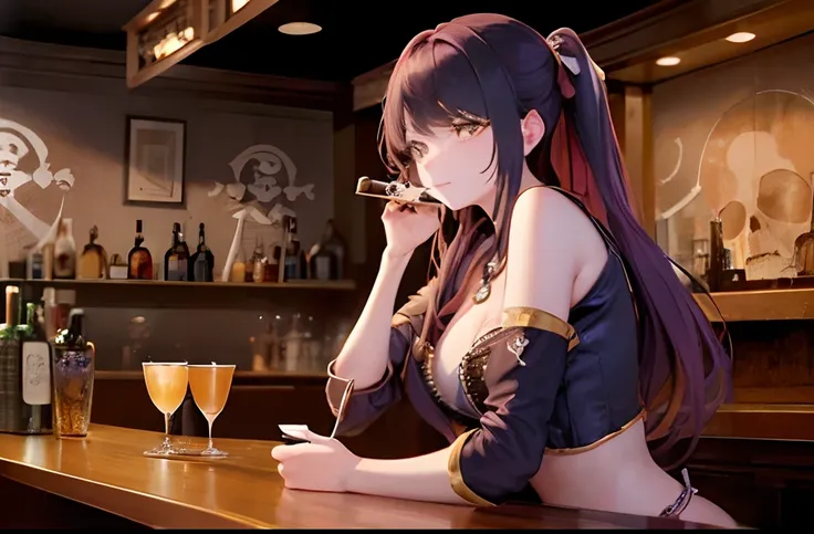 (((Beautiful woman drinking alcohol at bar counter、Two pirates around)))、Woman is happily tilting her glass、alcohol,skull, a pirate, captain, banquet,wall paintings, goblet,tobacco、Drum set and lots of skull objects on background