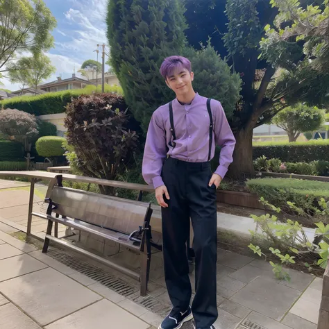 1 man with a small and handsome face, purple pixie hair, beautiful black eyes, cute body with Japanese school uniform, standing black trousers, garden view with blue sky and beautiful clouds, black tie, full body, smiling, realistic, hands details, detaile...