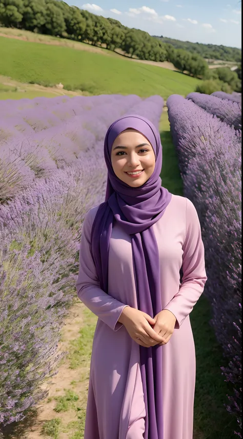 malay girl in long hijab wear baju kurung, pastel color, walking in lavender fields, provence – france , windy, blown her hijab,...