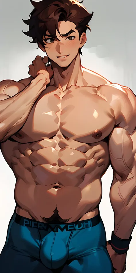 1 boy, solo, muscular, shirtless, anime, plump pecs, semi-chiseled abs, happy trail, tight underwear, bulge, brown hair, modern styled hair, nice lips