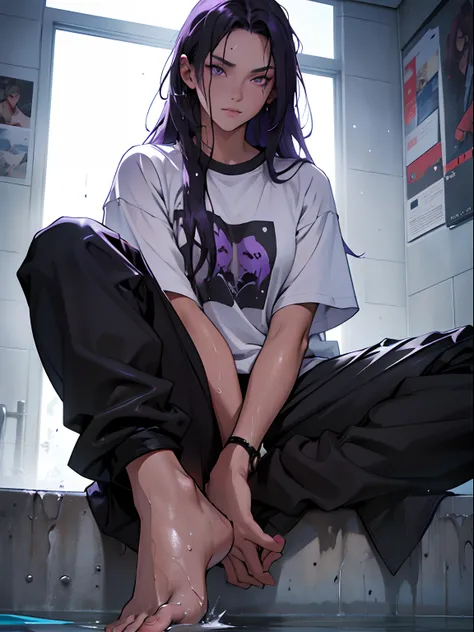 A girl, long purple hair, sitting on bedroll, Black T-shirt, black sweatpants, oversize clothes, bare feet, Wearing someone elses clothes, Slender figure, Beautiful,(Best Quality,4k,8K,hight resolution,Masterpiece:1.2), Ultra-detailed, Realistic, portrai, ...