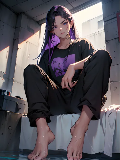 A girl, long purple hair, sitting on bedroll, Black T-shirt, black sweatpants, oversize clothes, bare feet, Wearing someone elses clothes, Slender figure, Beautiful,(Best Quality,4k,8K,hight resolution,Masterpiece:1.2), Ultra-detailed, Realistic, portrai, ...