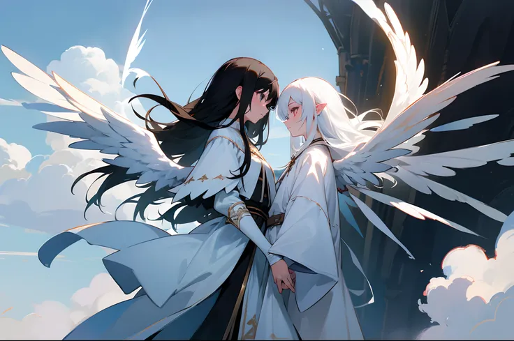 Two people in the cloud，One black hair and one white hair，Medieval clothes，One is a demon and one is an angel，Its all girls，One has white wings and one has black wings，A sense of mystery，Sense of oppression，karo