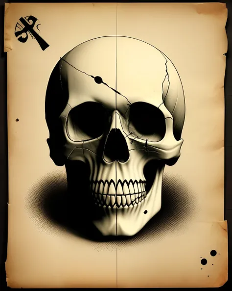 Skull with bullet hole. Leadhead47 written on parchment below the skull.  War in the back ground. Realistic. Deep shadows.