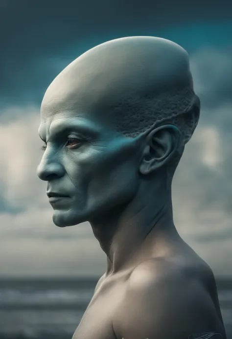 Professional portrait of an alien race, tattooed man, big head, form des kopfes mit 3d-knochenwucherungen unter der haut auf dem kopf, normales gesicht, Full-body side view, meer und wolken im hintergrund, meer ist ozeanblau, the male has a natural color, ...