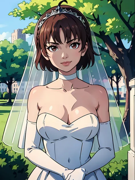 makoto nijima, blunt bangs, braid, brown hair, crown braid, bangs, brown eyes, hair between eyes, ahoge, hair ornament, gloves, dress, cleavage, bare shoulders, collarbone, white oprea gloves, white gloves, white dress, strapless, white choker, tiara, veil...