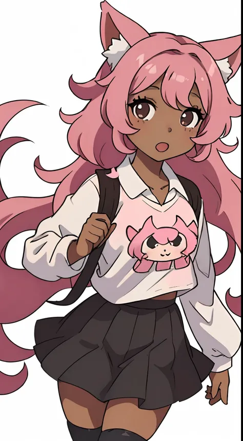 A cute but kinda hot Anime girl with curly pink hair that is long with black eyes and has dark skin she has dog ears that are long on the top of her head and a dog tail she is wearing a skirt with knee high socks and a shirt up-close picture and has dark s...