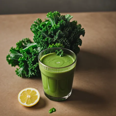 RAW photo, Kale Juice, foodphoto, professional colour grading, soft shadows, no contrast, clean sharp focus, foodphoto,