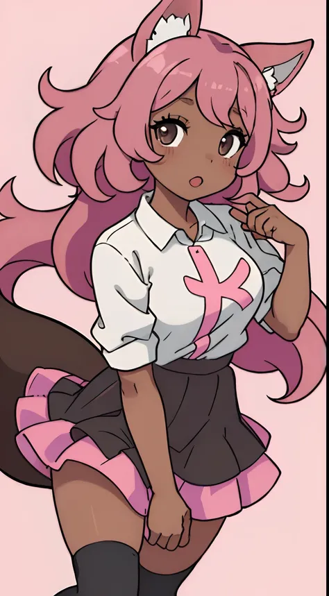 A cute but kinda hot Anime girl with curly pink hair that is long with black eyes and has dark skin she has dog ears that are long on the top of her head and a dog tail she is wearing a skirt with knee high socks and a shirt up-close picture and has dark s...