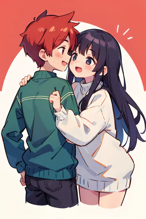 red long hair, 1Girl, 1 boy, couple, Sweaters, happy face