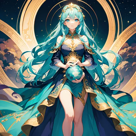 Beautiful girl,holding earth in one hand,full body portrait,teal hair,blue eyes,beautiful dress,celestial being,looking down,nutral expression