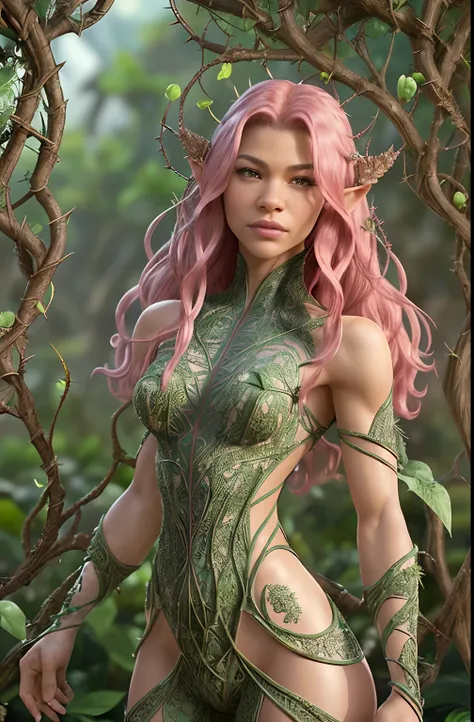 (zendaya:Evangeline Lilly) [woman:Plant:15], (masterpiece:1.4, best quality), (intricate details), unity 8k wallpaper, ultra detailed, beautiful and aesthetic, (surrealism:1.4), affinity for plants, can control their growth, shape, and even communicate wit...