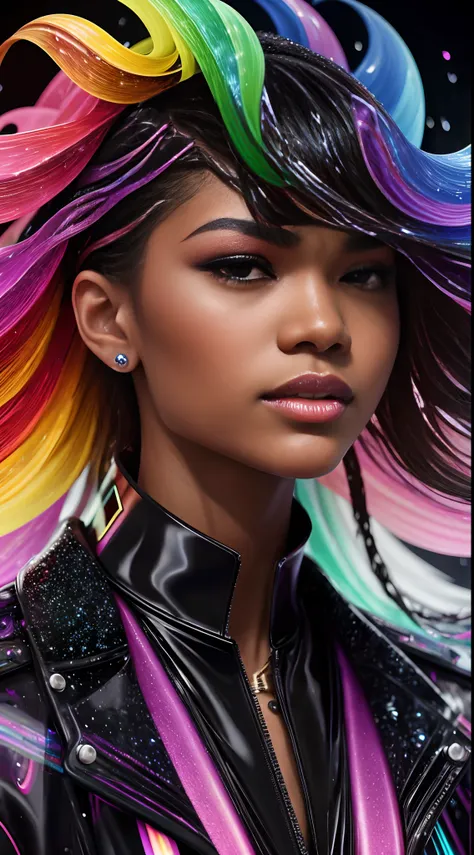 Zendaya amidst heavy thick gel rain, close up, glowing ebony black skin, clashing natural Elements swirling upon magical Rainbow colors tornado, photorealistic, hyperrealism, professional photography, DSLR, HDR, holographic emerging from 2D to 3D